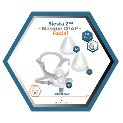 React Health | Siesta 2™| Masque CPAP Facial |FitPack:harnais,cadre & coussins interchangeables S,M,L