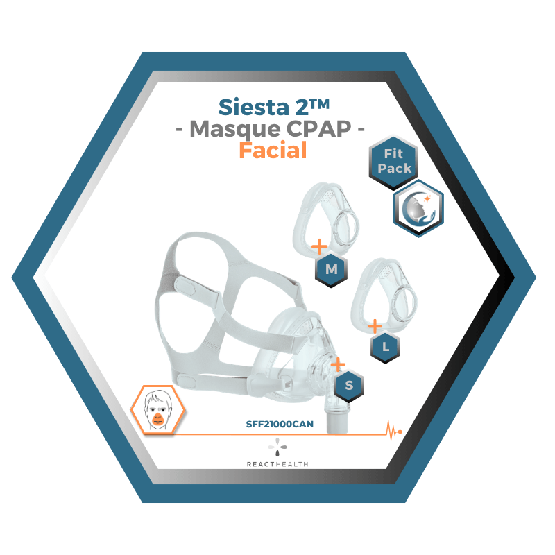 React Health | Siesta 2™| Masque CPAP Facial |FitPack:harnais,cadre & coussins interchangeables S,M,L