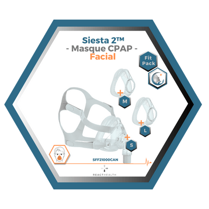 React Health | Siesta 2™| Masque CPAP Facial |FitPack:harnais,cadre & coussins interchangeables S,M,L