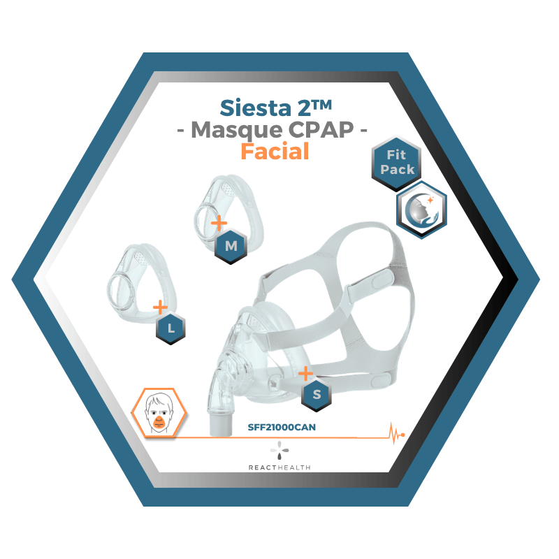 React Health | Siesta 2™| Masque CPAP Facial |FitPack:harnais,cadre & coussins interchangeables S,M,L