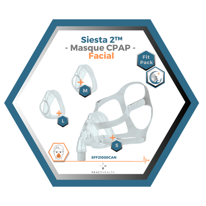 React Health | Siesta 2™| Masque CPAP Facial |FitPack:harnais,cadre & coussins interchangeables S,M,L
