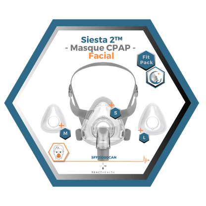 React Health | Siesta 2™| Masque CPAP Facial |FitPack:harnais,cadre & coussins interchangeables S,M,L
