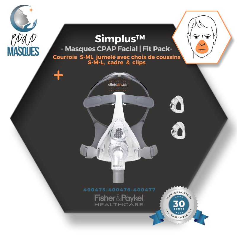 Fisher & Paykel Simplus™ Masque CPAP facial | FitPack: courroie jumelé avec coussins S-M-L & clips