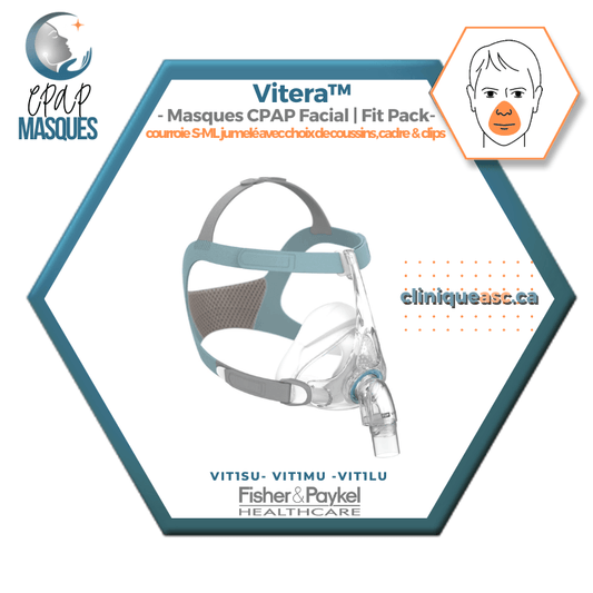 Fisher & Paykel Vitera™ Masque CPAP facial | FitPack: courroie jumelé avec choix de coussins S-M-L & clips