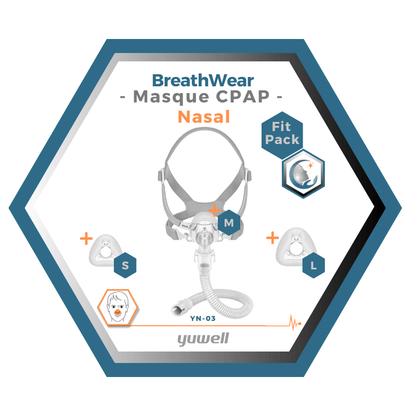 Yuwell | BreathWear | Masque CPAP Nasal | Sans appui frontal | FitPack: Courroie, cadre, coussins interchangeables S,M,L,